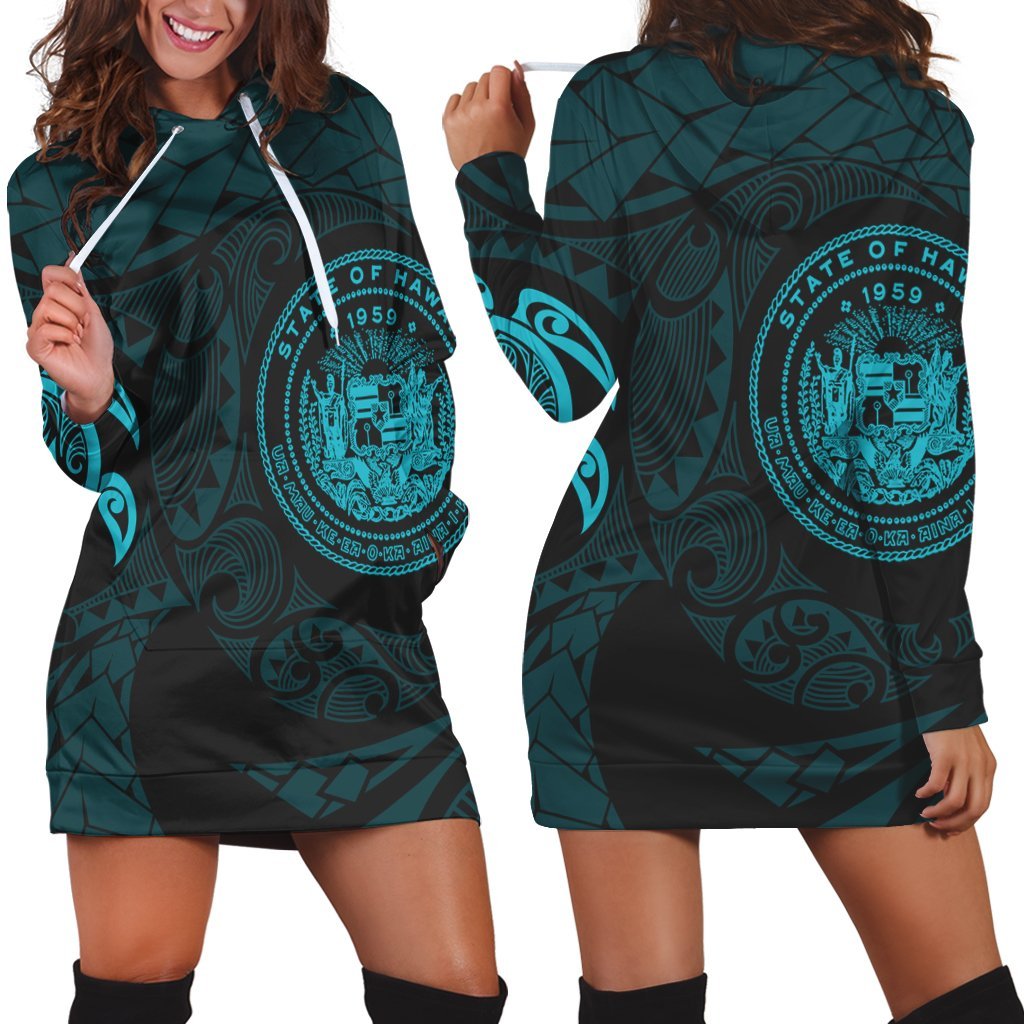 Hawaiian Coat Of Arms Turtle Polynesian Hoodie Dress Blue AH Black - Polynesian Pride