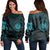 Hawaiian Coat Of Arms Turtle Polynesian Women's Off Shoulder Sweater Blue AH Black - Polynesian Pride