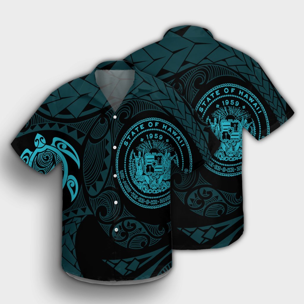 Hawaiian Coat Of Arms Turtle Polynesian Hawaiian Shirt Blue AH - Polynesian Pride