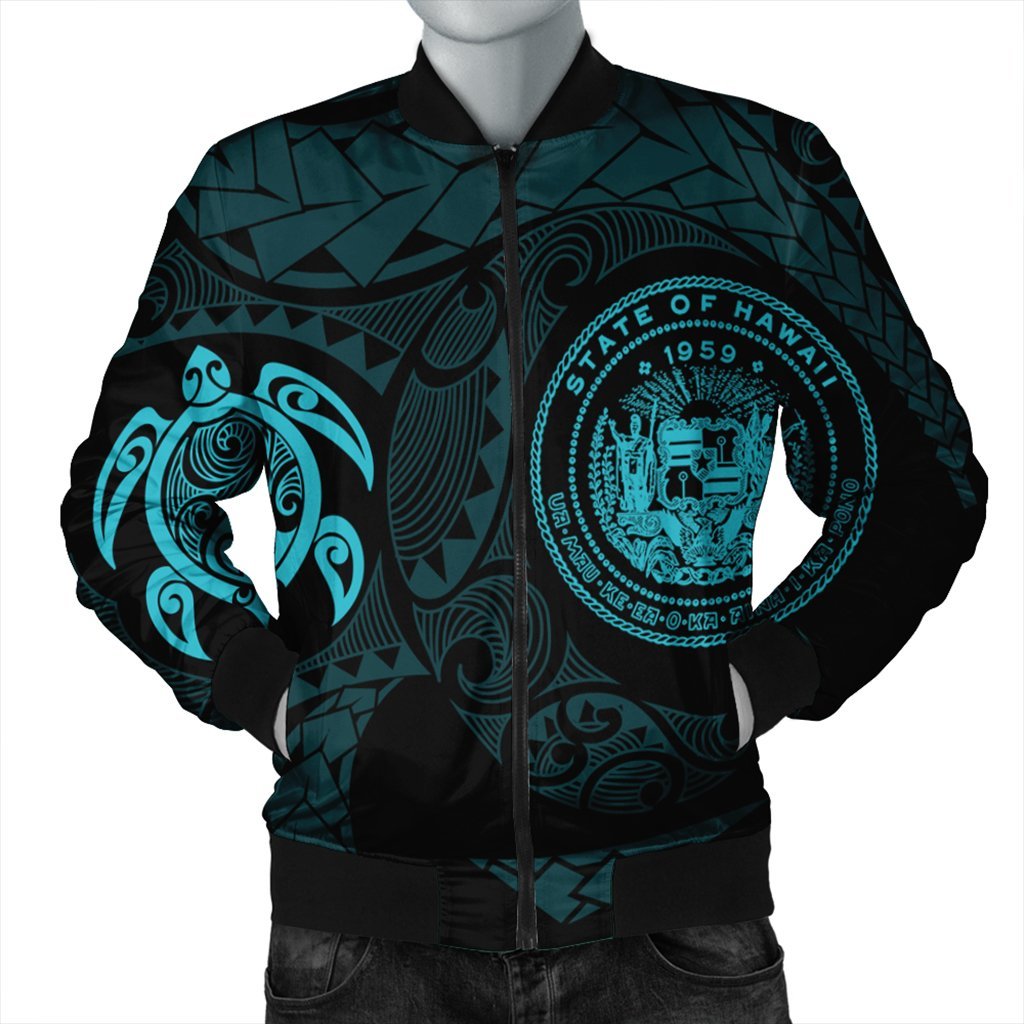 Hawaiian Coat Of Arms Turtle Polynesian Bomber Jacket Blue AH Black Unisex - Polynesian Pride