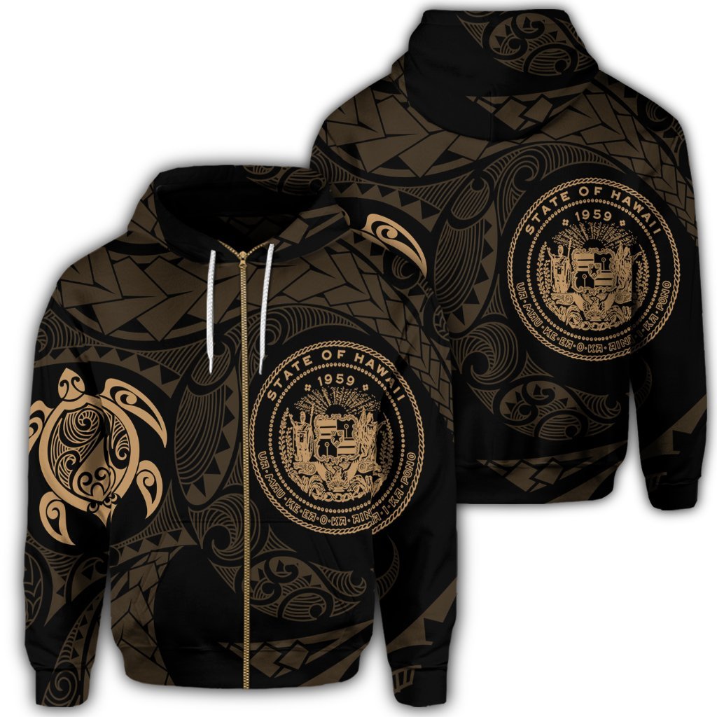 Hawaiian Coat of Arms Turtle Polynesian Zip Hoodie Gold Unisex Art - Polynesian Pride