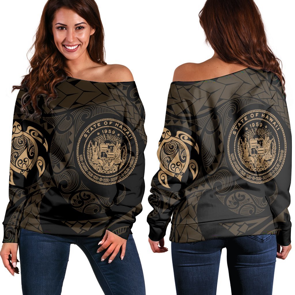 Hawaiian Coat Of Arms Turtle Polynesian Women's Off Shoulder Sweater Gold AH Black - Polynesian Pride