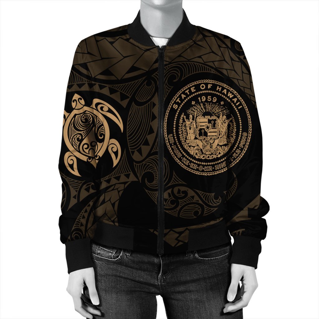 Hawaiian Coat Of Arms Turtle Polynesian Bomber Jacket Gold AH - Polynesian Pride