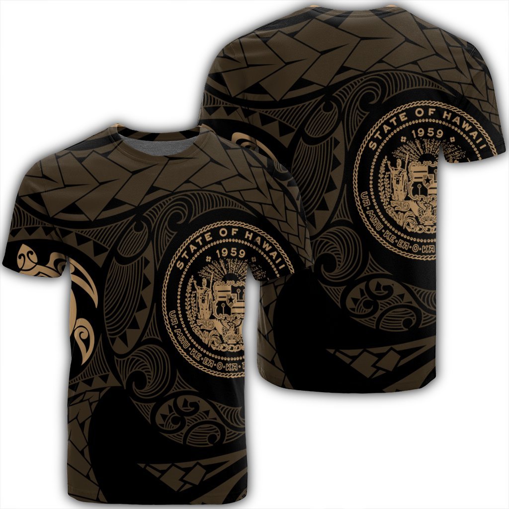 Hawaiian Coat of Arms Turtle Polynesian T Shirt Gold Unisex Black - Polynesian Pride