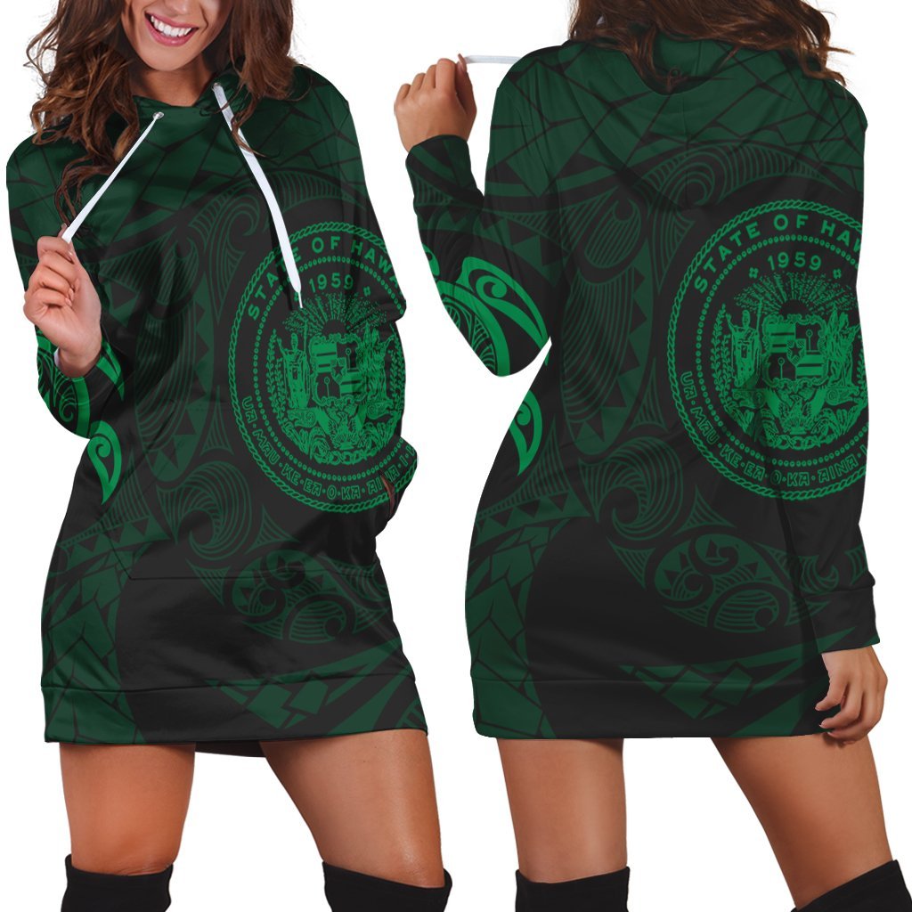 Hawaiian Coat Of Arms Turtle Polynesian Hoodie Dress Green AH Black - Polynesian Pride