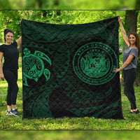 Hawaiian Coat Of Arms Turtle Polynesian Premium Quilts Green AH Black - Polynesian Pride