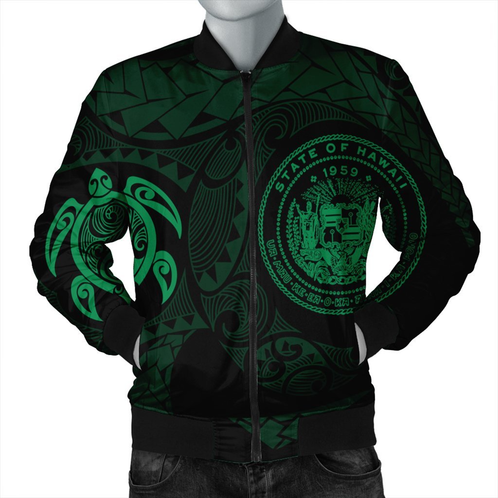 Hawaiian Coat Of Arms Turtle Polynesian Bomber Jacket Green AH Black Unisex - Polynesian Pride