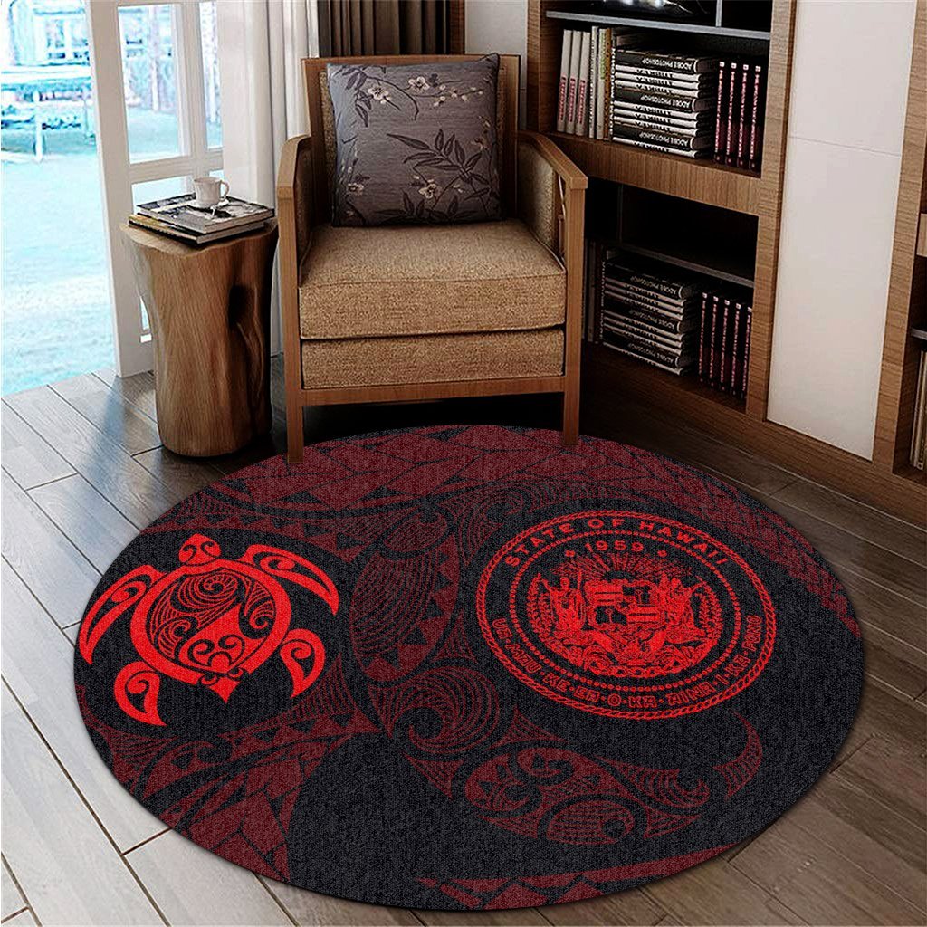Hawaiian Coat Of Arms Turtle Polynesian Round Carpet Red AH - Polynesian Pride
