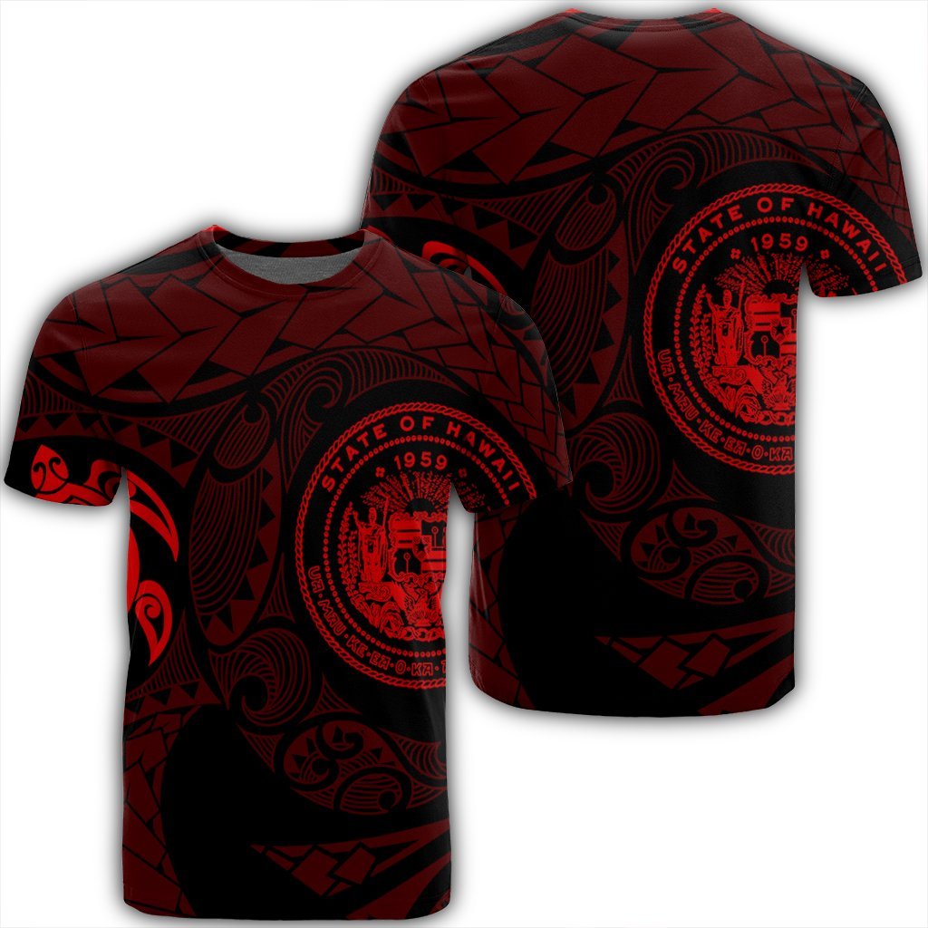 Hawaiian Coat of Arms Turtle Polynesian T Shirt Red Unisex Black - Polynesian Pride