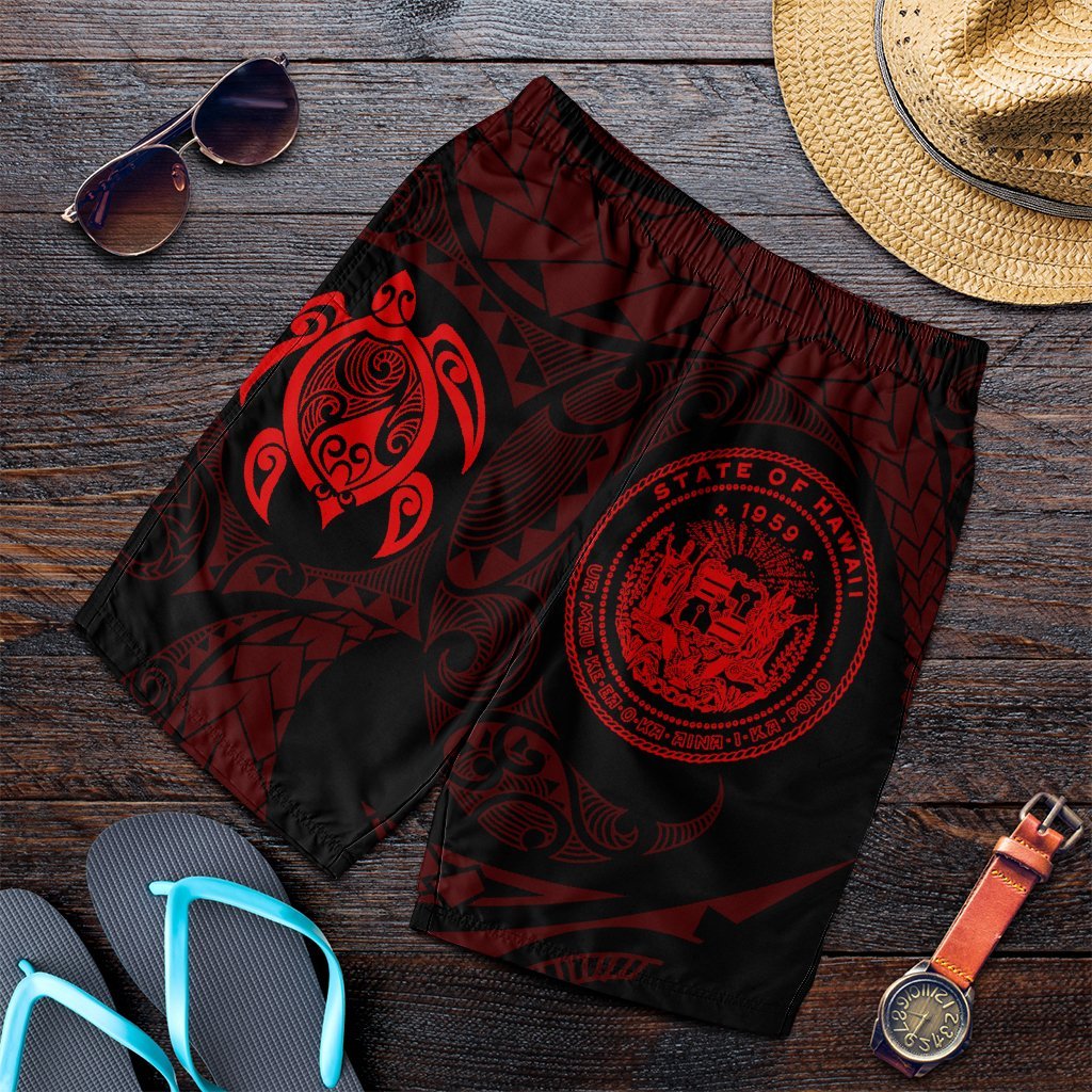 Hawaiian Coat Of Arms Turtle Polynesian Men's Shorts Red AH Art - Polynesian Pride