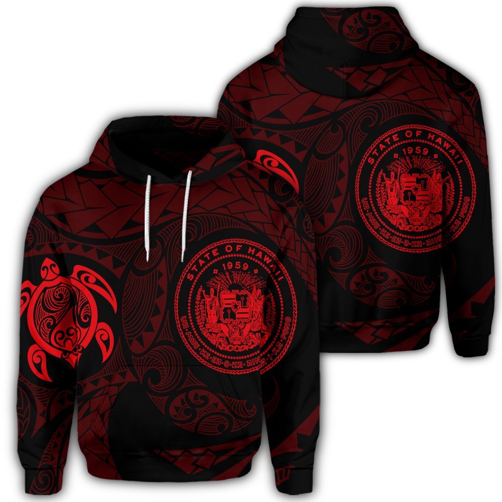 Hawaiian Coat of Arms Turtle Polynesian Hoodie Red Unisex Art - Polynesian Pride