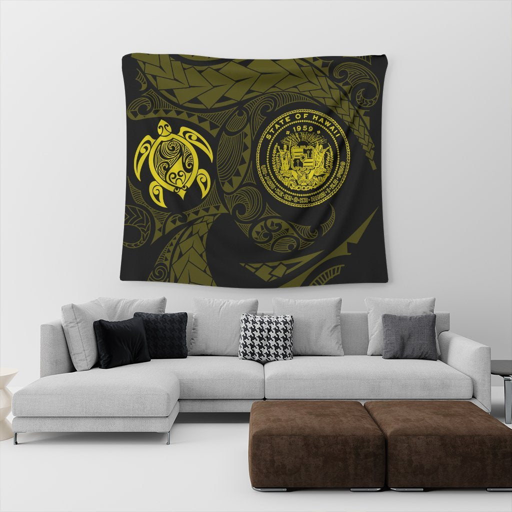 Hawaiian Coat Of Arms Turtle Polynesian Tapestry Yellow AH - Polynesian Pride