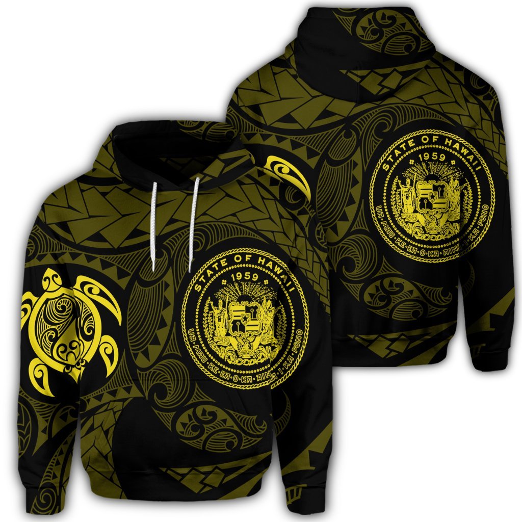 Hawaiian Coat of Arms Turtle Polynesian Hoodie Yellow Unisex Art - Polynesian Pride