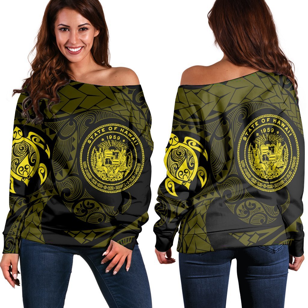 Hawaiian Coat Of Arms Turtle Polynesian Women's Off Shoulder Sweater Yellow AH Black - Polynesian Pride