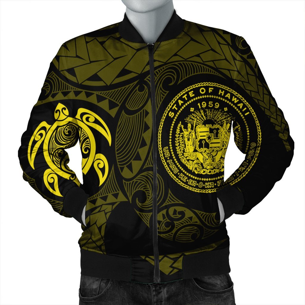 Hawaiian Coat Of Arms Turtle Polynesian Bomber Jacket Yellow AH Black Unisex - Polynesian Pride