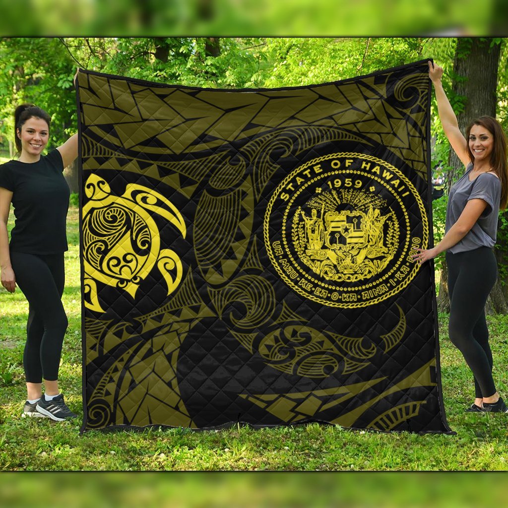 Hawaiian Coat Of Arms Turtle Polynesian Premium Quilts Yellow AH Black - Polynesian Pride