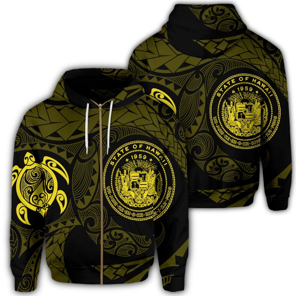 Hawaiian Coat of Arms Turtle Polynesian Zip Hoodie Yellow Unisex Art - Polynesian Pride