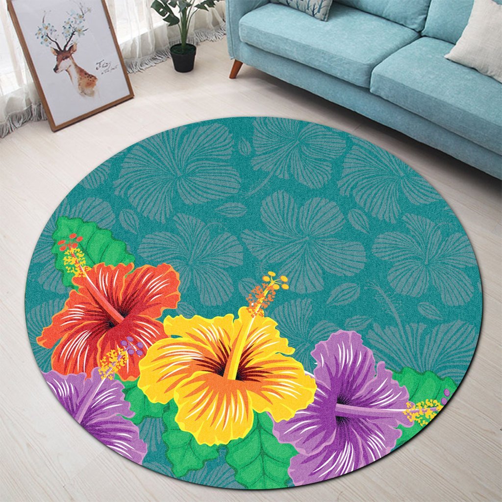 Hawaiian Colorful Hibiscus Polynesian Round Carpet - AH - Polynesian Pride