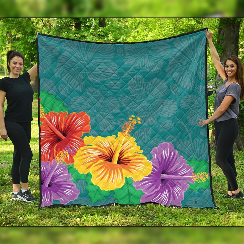 Hawaiian Colorful Hibiscus Polynesian Premium Quilts - AH Black - Polynesian Pride