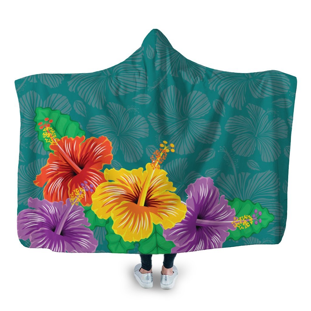 Hawaiian Colorful Hibiscus Polynesian Hooded Blanket - AH Hooded Blanket White - Polynesian Pride