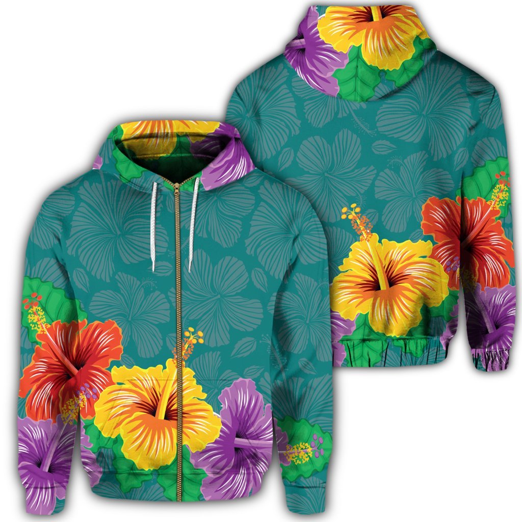 Hawaiian Colorful Hibiscus Polynesian Zip Hoodie Unisex Art - Polynesian Pride