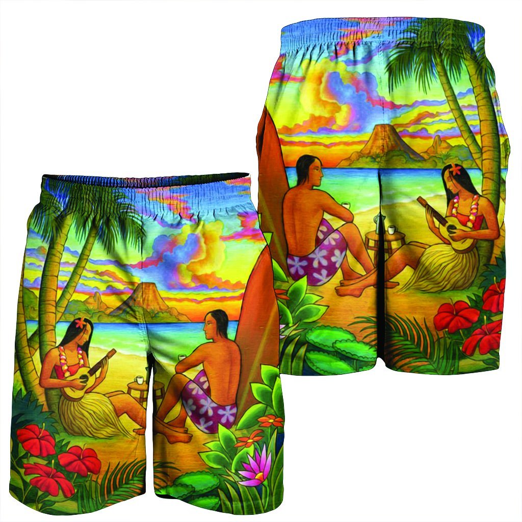 Hawaiian Couple Sing A Song On Beach Sunset Men's Shorts - AH - Polynesian Pride