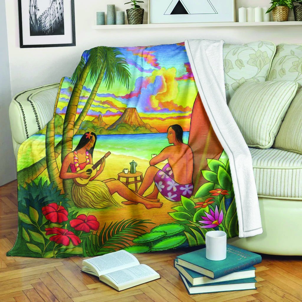 Hawaiian Couple Sing A Song On Beach Sunset Premium Blankets - AH White - Polynesian Pride