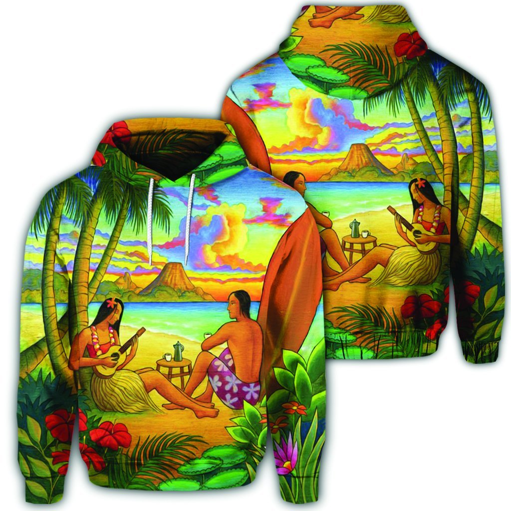 Hawaiian Couple Sing A Song On Beach Sunset Hoodie Unisex Art - Polynesian Pride