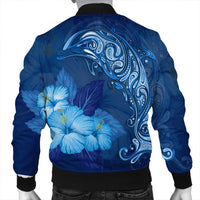 Hawaiian Dolphin Hibiscus Tropic Blue Polynesian Bomber Jacket - AH - Polynesian Pride