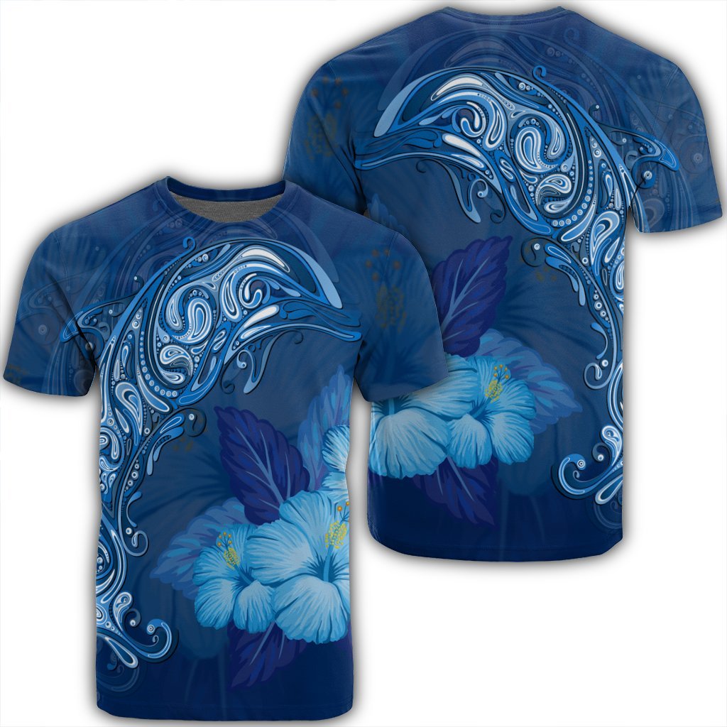 Hawaiian Dolphin Hibiscus Tropic Blue Polynesian T Shirt Unisex Black - Polynesian Pride