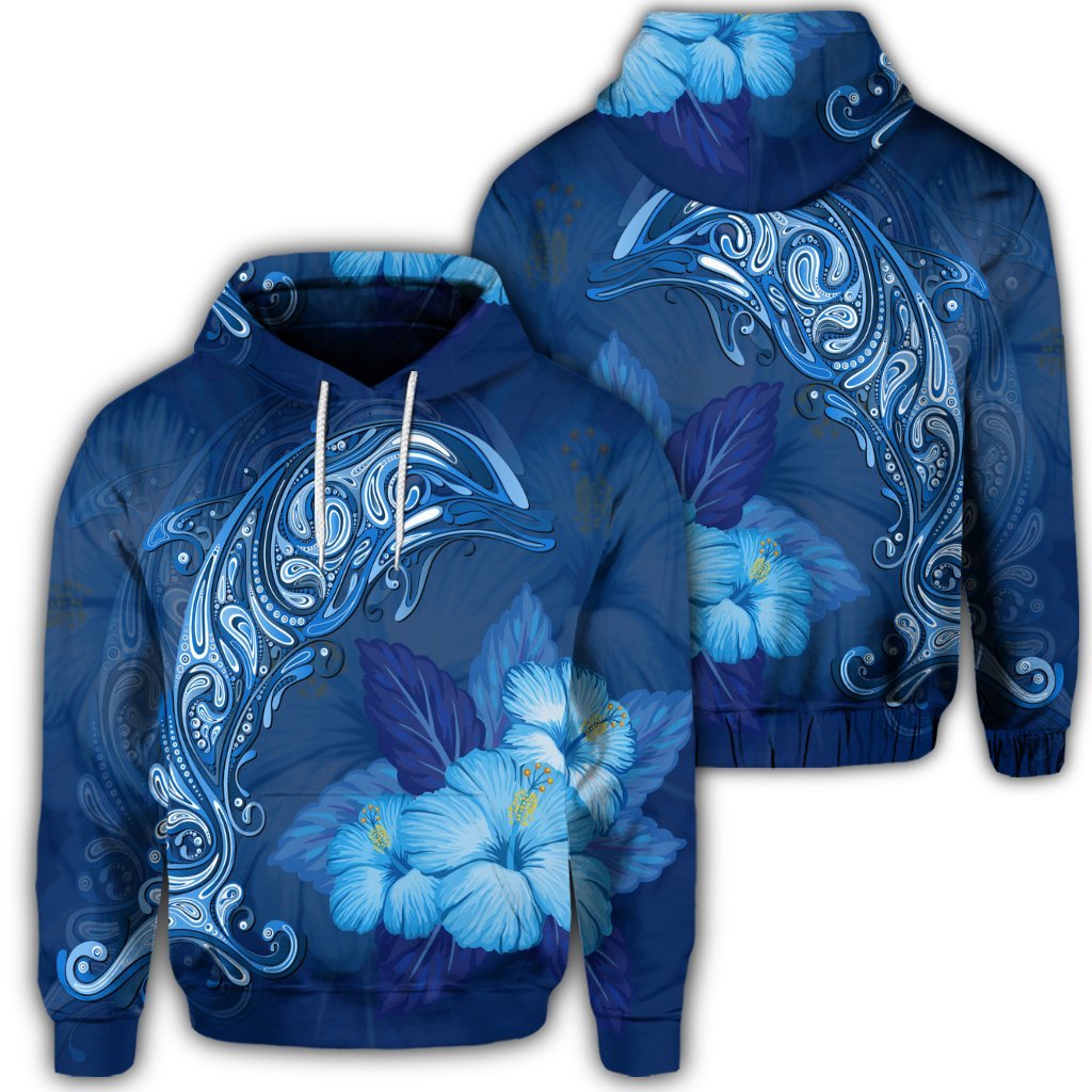 Hawaiian Dolphin Hibiscus Tropic Blue Polynesian Hoodie Unisex Art - Polynesian Pride