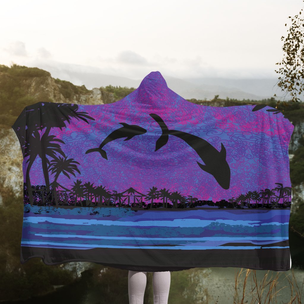 Hawaiian Dolphin In Night Polynesian Hooded Blanket - AH - Polynesian Pride