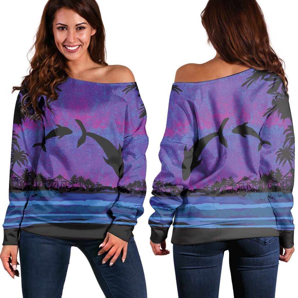 Hawaiian Dolphin In Night Polynesian Women's Off Shoulder Sweater - AH Black - Polynesian Pride