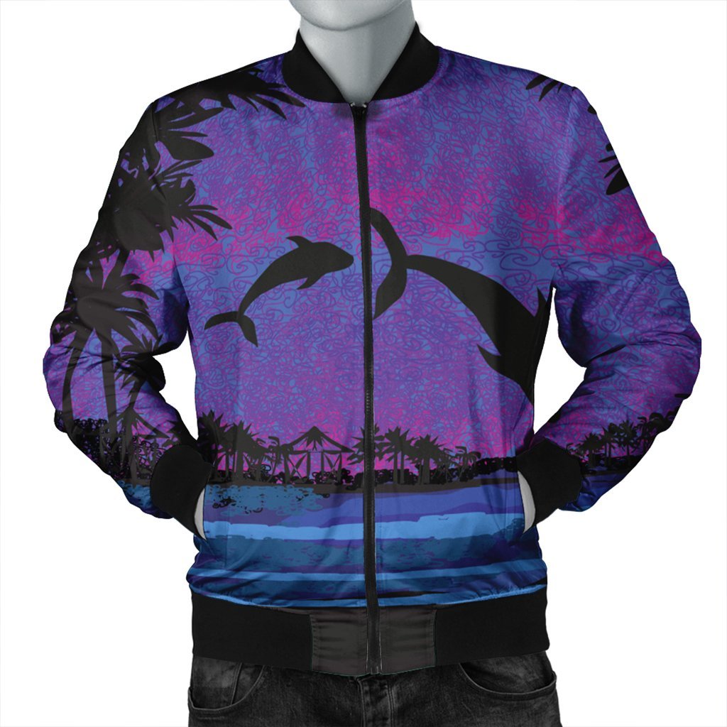 Hawaiian Dolphin In Night Polynesian Bomber Jacket - AH Black Unisex - Polynesian Pride