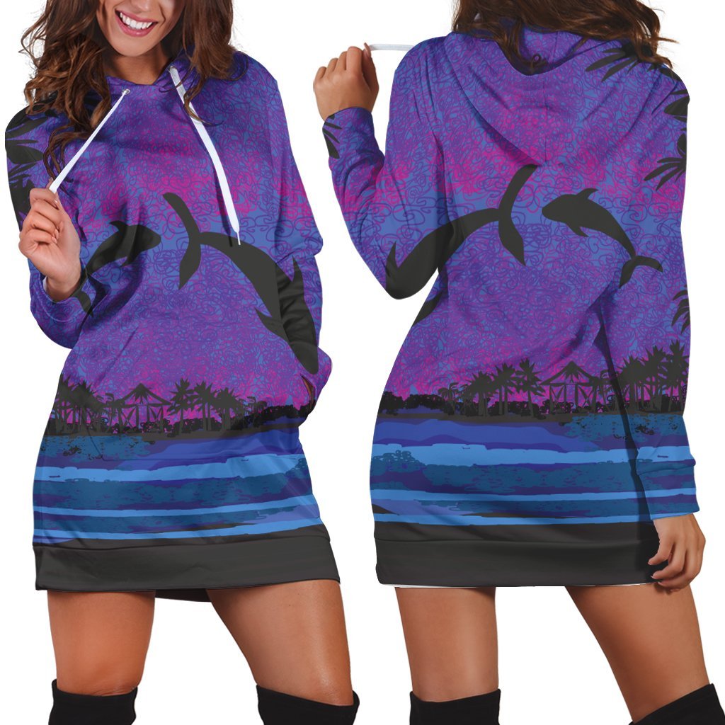 Hawaiian Dolphin In Night Polynesian Hoodie Dress - AH Black - Polynesian Pride