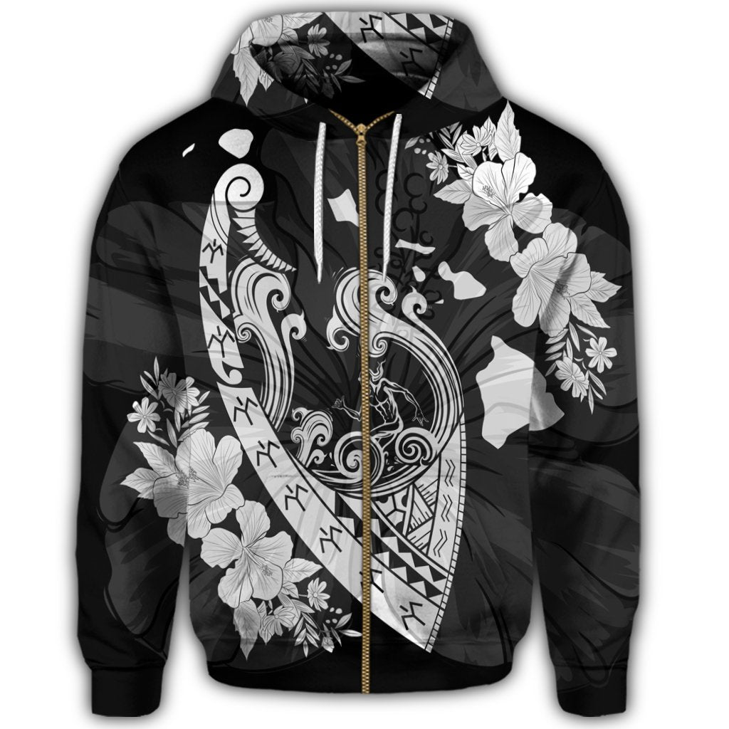 Hawaiian Fish Hook Hibiscus Banzai Surfing Polynesian Zip Hoodie - Polynesian Pride