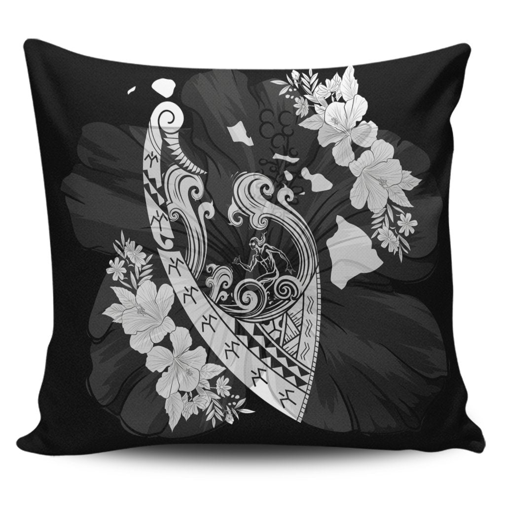 Hawaiian Fish Hook Hibiscus Banzai Surfing Polynesian Pillow Covers - AH Pillow Covers Black - Polynesian Pride