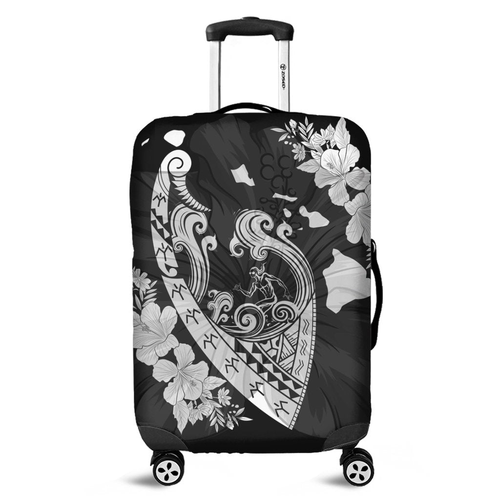 Hawaiian Fish Hook Hibiscus Banzai Surfing Polynesian Luggage Covers - AH Black - Polynesian Pride