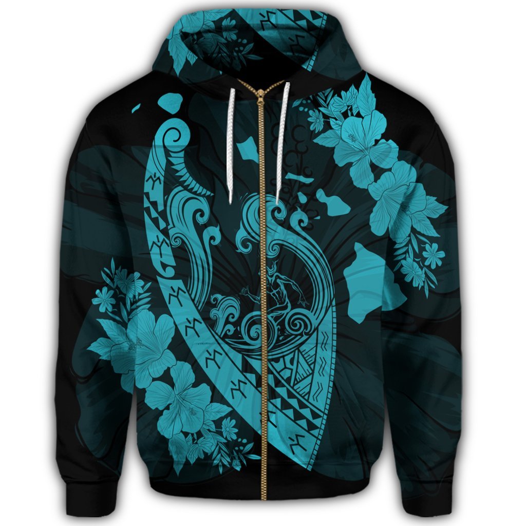 Hawaiian Fish Hook Hibiscus Banzai Surfing Polynesian Zip Hoodie Blue - Polynesian Pride