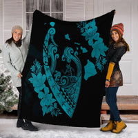 Hawaiian Fish Hook Hibiscus Banzai Surfing Polynesian Premium Blankets Blue - AH - Polynesian Pride