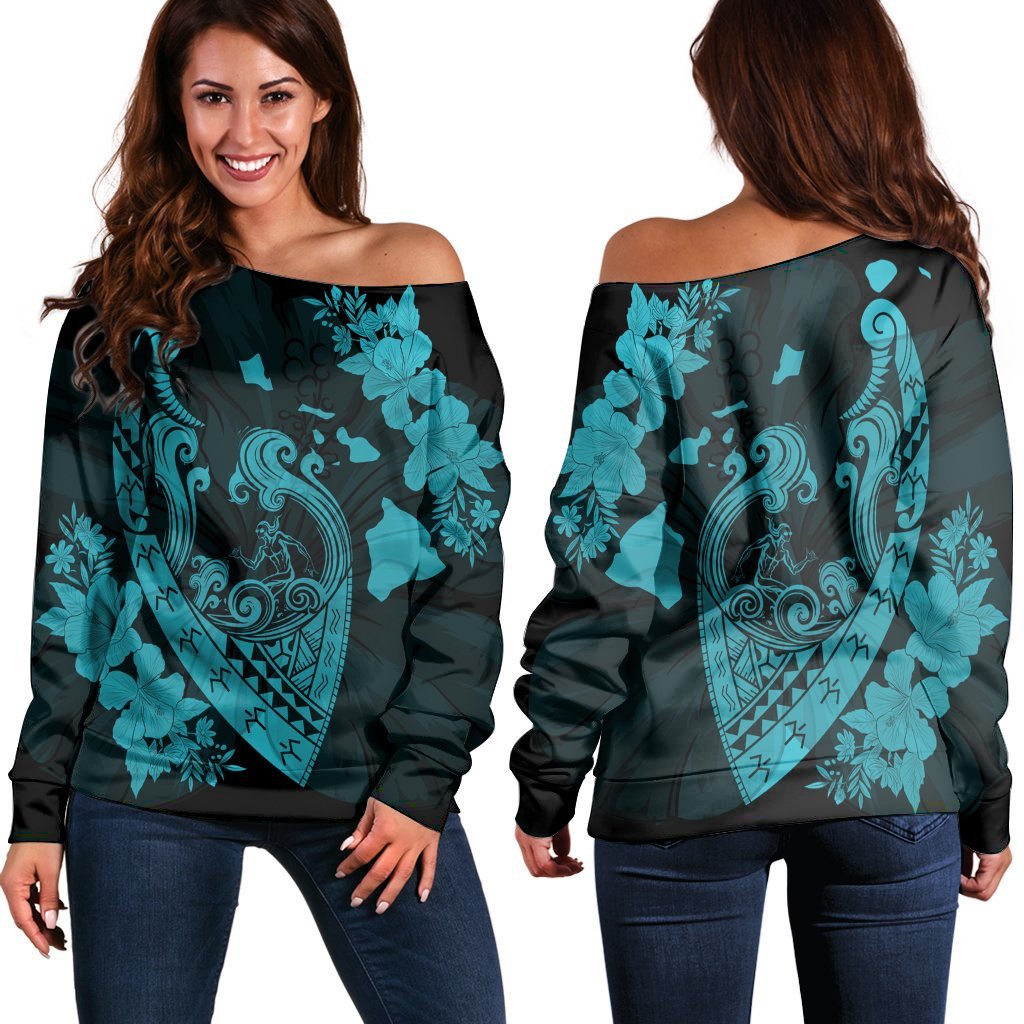 Hawaiian Fish Hook Hibiscus Banzai Surfing Polynesian Women's Off Shoulder Sweater Blue - AH Black - Polynesian Pride