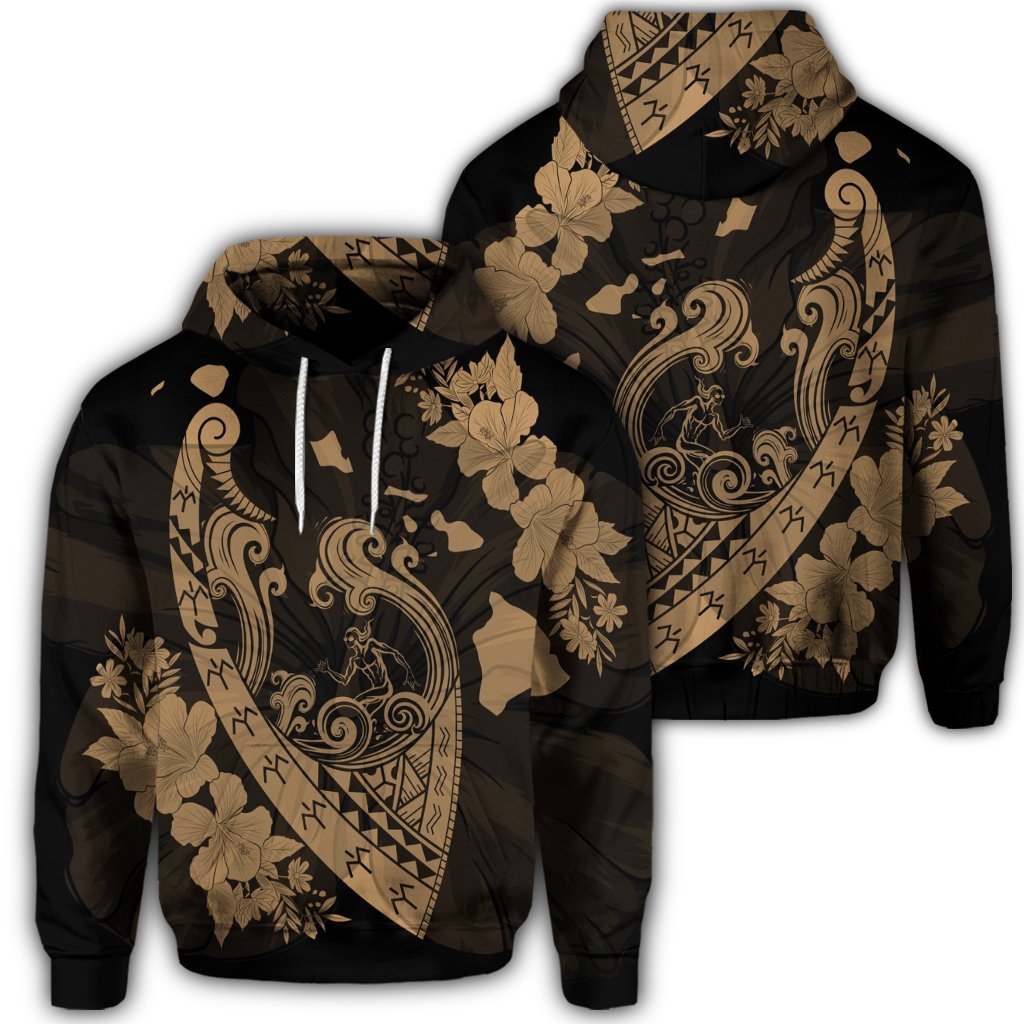 Hawaiian Fish Hook Hibiscus Banzai Surfing Polynesian Hoodie Gold Polyester - Polynesian Pride