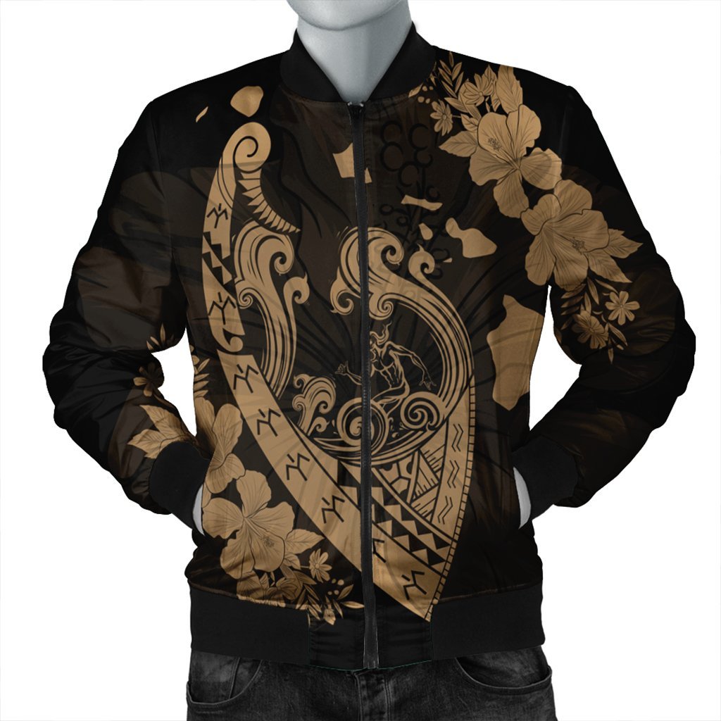 Hawaiian Fish Hook Hibiscus Banzai Surfing Polynesian Bomber Jacket Gold - AH Black Unisex - Polynesian Pride