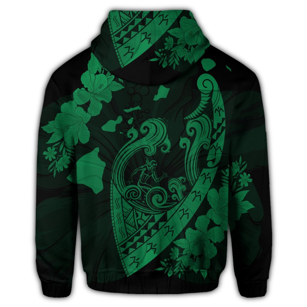 Hawaiian Fish Hook Hibiscus Banzai Surfing Polynesian Hoodie Green - Polynesian Pride