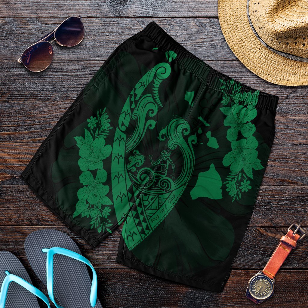 Hawaiian Fish Hook Hibiscus Banzai Surfing Polynesian Men's Shorts Green - AH Art - Polynesian Pride