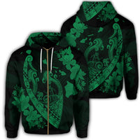 Hawaiian Fish Hook Hibiscus Banzai Surfing Polynesian Zip Hoodie Green Unisex Art - Polynesian Pride