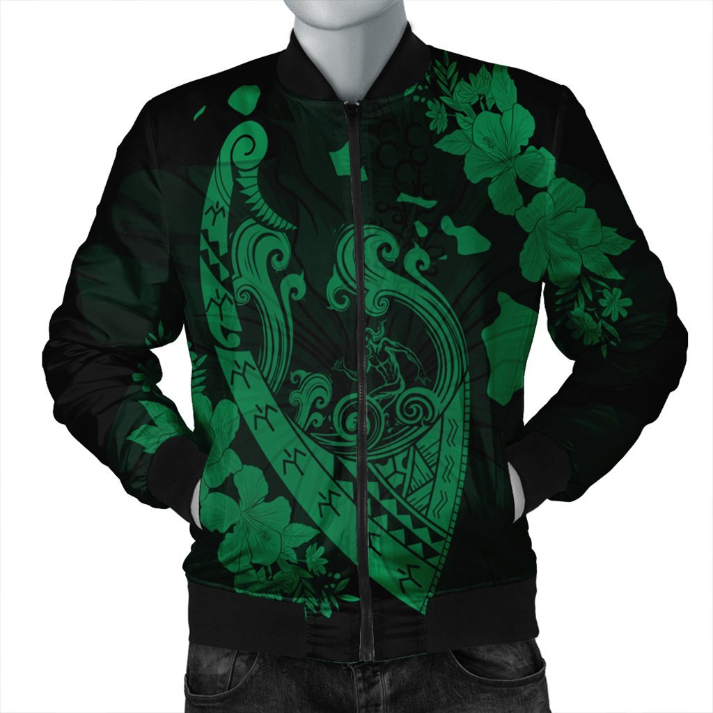 Hawaiian Fish Hook Hibiscus Banzai Surfing Polynesian Bomber Jacket Green - AH Black Unisex - Polynesian Pride