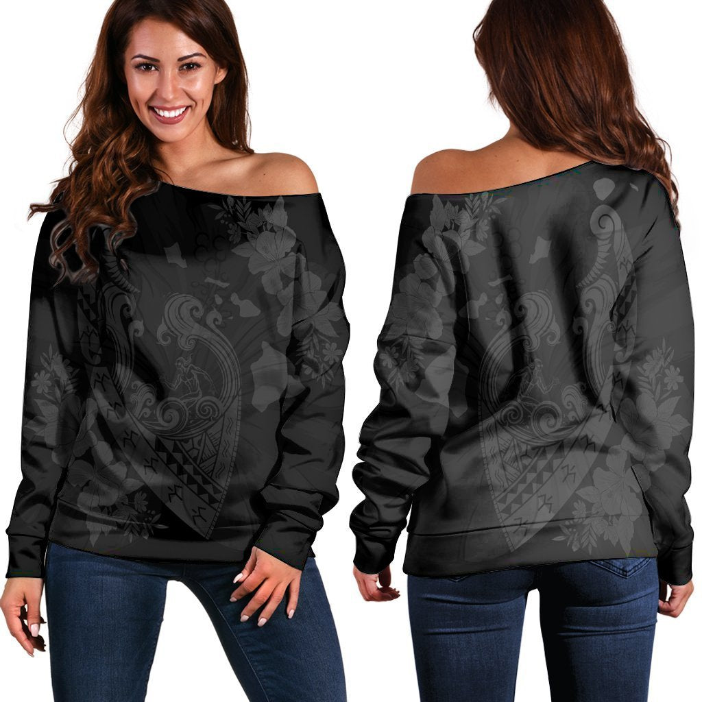 Hawaiian Fish Hook Hibiscus Banzai Surfing Polynesian Women's Off Shoulder Sweater Grey - AH Black - Polynesian Pride