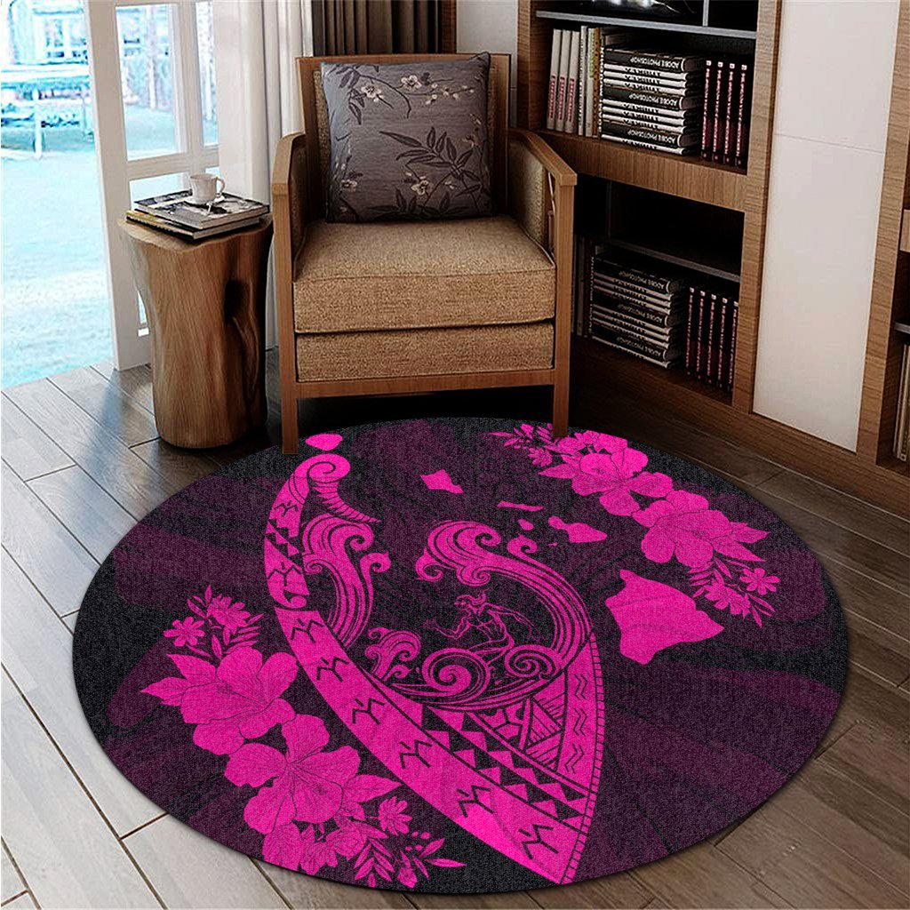 Hawaiian Fish Hook Hibiscus Banzai Surfing Polynesian Round Carpet Pink - AH - Polynesian Pride