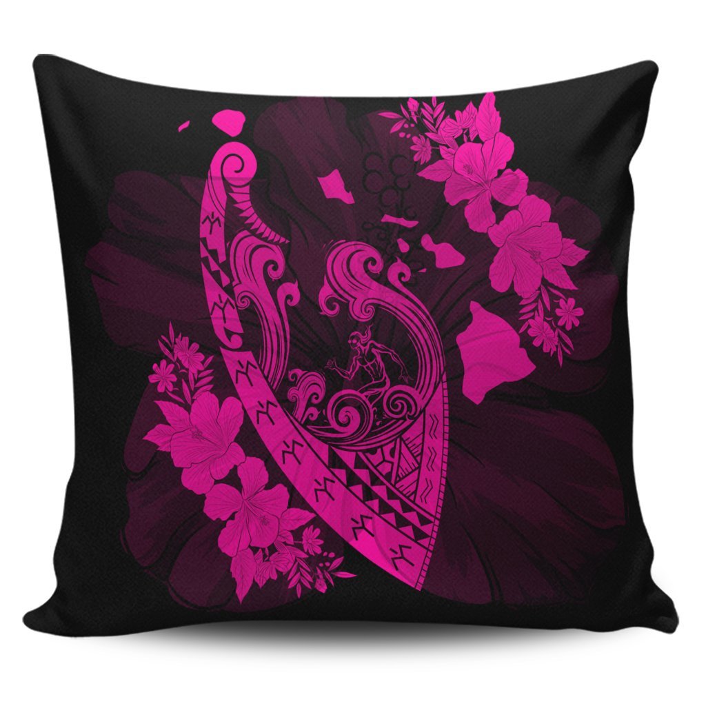 Hawaiian Fish Hook Hibiscus Banzai Surfing Polynesian Pillow Covers Pink - AH Pillow Covers Black - Polynesian Pride